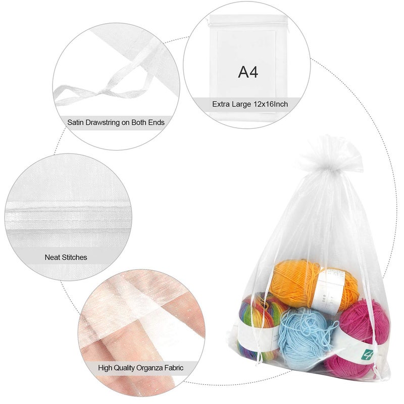 SumDirect 100Pcs12x16 Inches Extra Large White Organza Gift Bags with Drawstring - Image 3