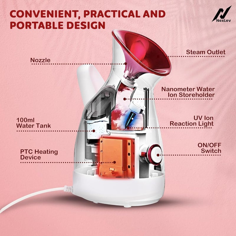 NexLev 2 in 1 Face Steamer Steamer for Cough Cold100 mlPerfect for Facial Aromatherapy Nano Ion Steam Boost AbsorptionInhaler VaporizerAroma Diffuser30s heatingAvoid Burn SpillFS01 - Image 4