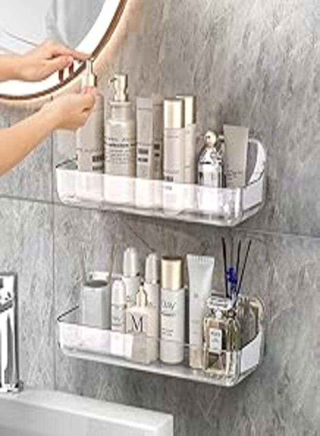 CGBE 2-Pack Acrylic Shower Shelves, Large Capacity Adhesive Shower Shelf, No Drilling Adhesive Bathroom Shelf with Drain Holes,Clear Wall Mount Organizer for Bathroom Storage