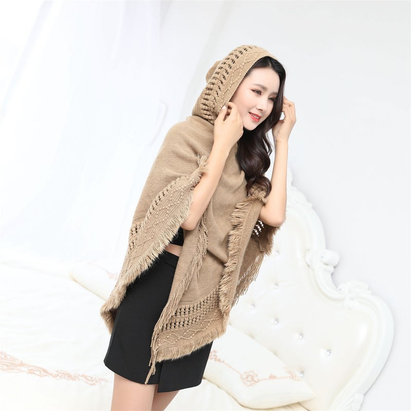 Women's Hooded Cape Poncho with Hollow-Out Tassel Design, Loose Fit, Plus Size, Street Style
