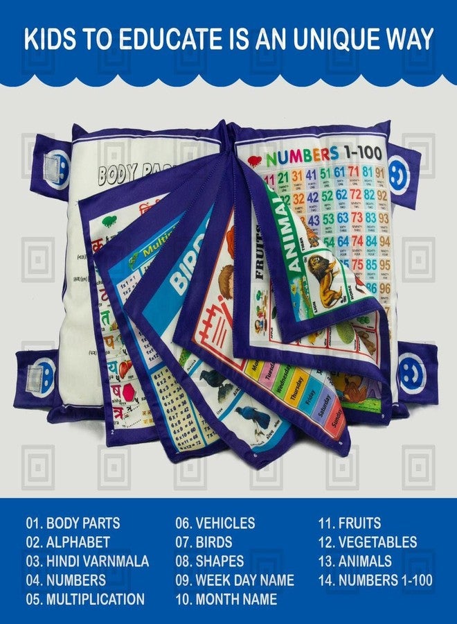 Home Stuffs Kid's Learning Pillow Cum Book with English and Hindi Alphabets, Numbers, Animals Names Learning for Kids Cushion Book (Blue) - Image 3