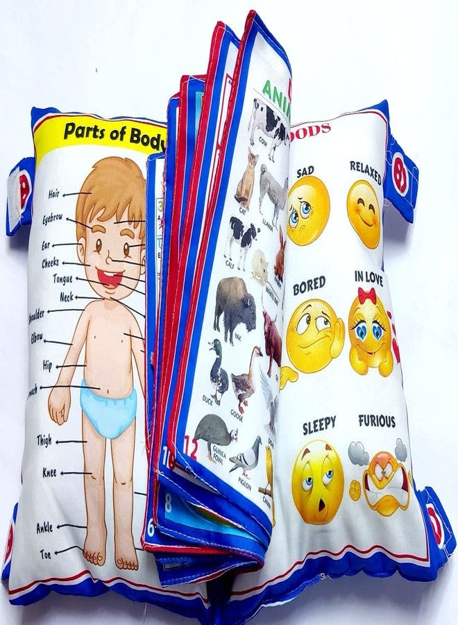 Home Stuffs Kid's Learning Pillow Cum Book with English and Hindi Alphabets, Numbers, Animals Names Learning for Kids Cushion Book (Blue) - Image 1