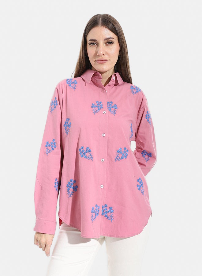 Andora Embroidered Turned Down Collar Button Closure Shirt _ Pale Pink - Image 1