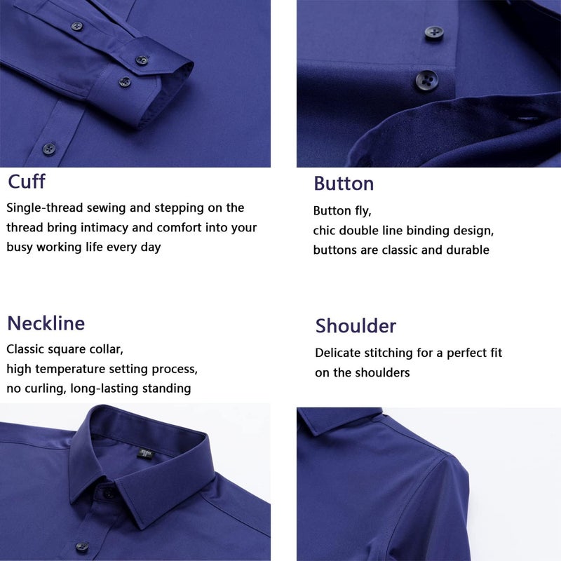 woobles Men High-Stretch Non-iron Anti-wrinkle Shirt Long Sleeve Business Standard Shirt Large H - Image 5