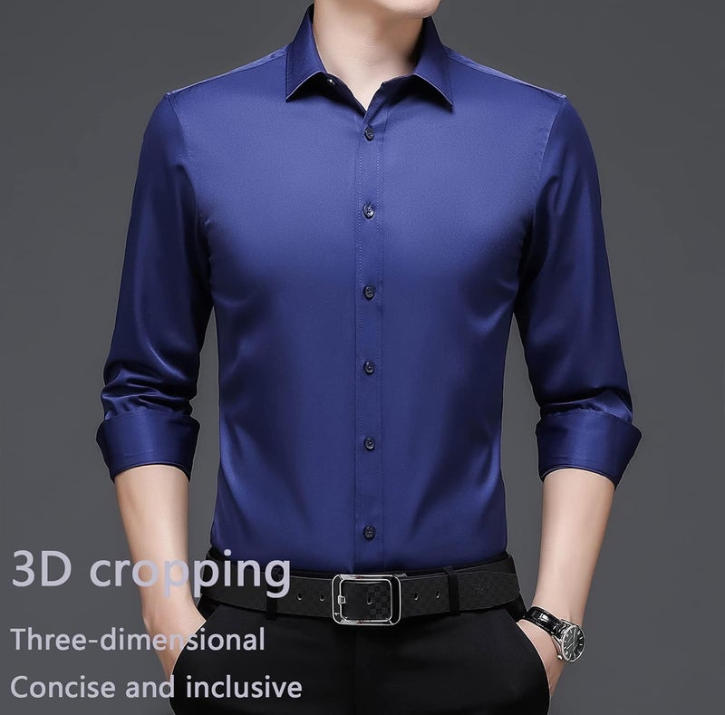woobles Men High-Stretch Non-iron Anti-wrinkle Shirt Long Sleeve Business Standard Shirt Large H - Image 4