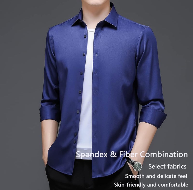 woobles Men High-Stretch Non-iron Anti-wrinkle Shirt Long Sleeve Business Standard Shirt Large H - Image 2