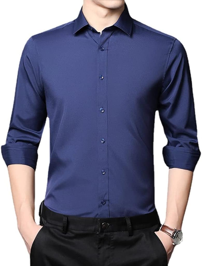 woobles Men High-Stretch Non-iron Anti-wrinkle Shirt Long Sleeve Business Standard Shirt Large H - Image 1