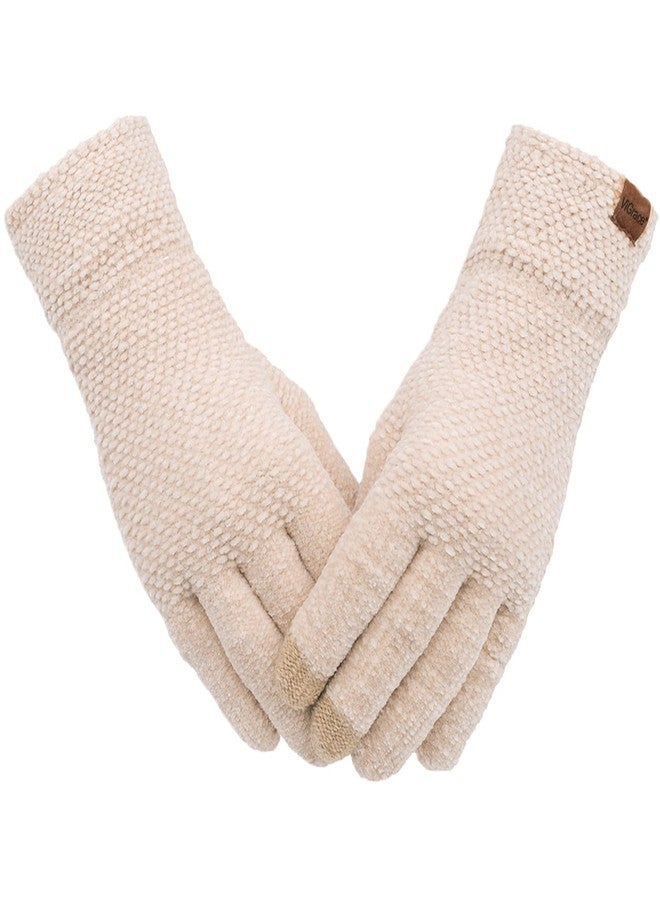 ViGrace Winter Touchscreen Gloves for Women Chenille Warm Knit with 3 Touch Screen Fingers Texting Elastic Cuff Thermal Glove, Beige, L - Image 1
