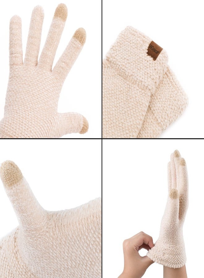 ViGrace Winter Touchscreen Gloves for Women Chenille Warm Knit with 3 Touch Screen Fingers Texting Elastic Cuff Thermal Glove, Beige, L - Image 5