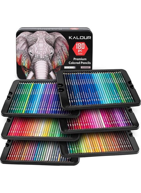 KALOUR 180 Colored Pencil Set for Adults Artists kids- 3.3mm Rich Pigment Soft Core -12 Metallic Pencil - Wax-Based - Ideal for Coloring Drawing Sketching Shading Blending - Vibrant Color（Tin Case）