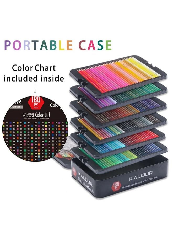 KALOUR KALOUR 180 Colored Pencil Set for Adults Artists kids- 3.3mm Rich Pigment Soft Core -12 Metallic Pencil - Wax-Based - Ideal for Coloring Drawing Sketching Shading Blending - Vibrant Color（Tin Case）  - Image 2