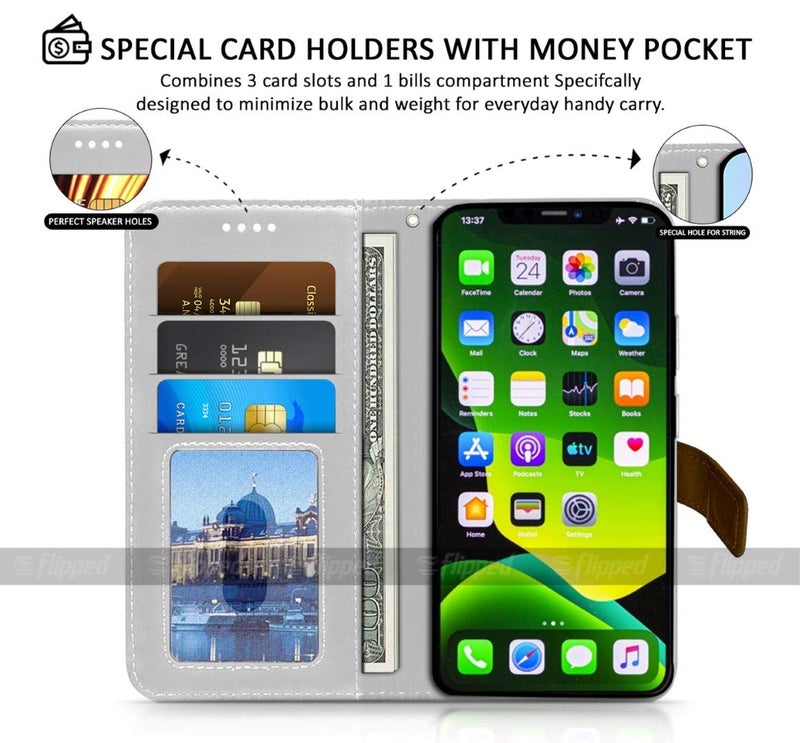 FLIPPED غطاء فليب من الجلد النباتي FLIPPED لجهاز iPhone 13 | مضاد للصدمات مع حافة TPU | جيوب للبطاقات وإغلاق مغناطيسي | غطاء فليب محفظة متوافق مع Apple iPhone 13 | iPhone 14 بني مع قهوة - Image 5