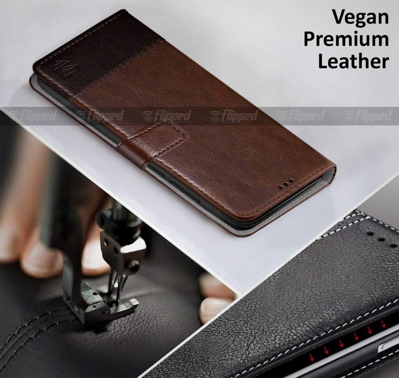 FLIPPED غطاء فليب من الجلد النباتي FLIPPED لجهاز iPhone 13 | مضاد للصدمات مع حافة TPU | جيوب للبطاقات وإغلاق مغناطيسي | غطاء فليب محفظة متوافق مع Apple iPhone 13 | iPhone 14 بني مع قهوة - Image 2