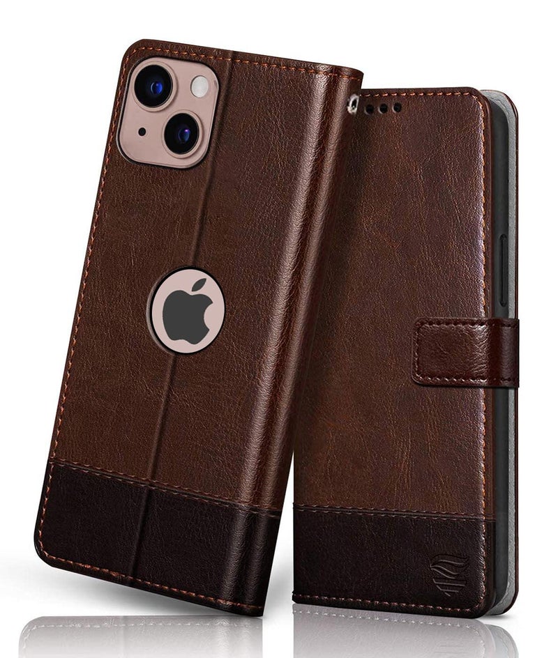 FLIPPED غطاء فليب من الجلد النباتي FLIPPED لجهاز iPhone 13 | مضاد للصدمات مع حافة TPU | جيوب للبطاقات وإغلاق مغناطيسي | غطاء فليب محفظة متوافق مع Apple iPhone 13 | iPhone 14 بني مع قهوة - Image 1