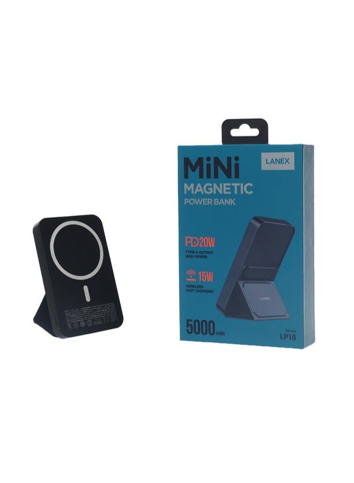 لانيكس Lanex LP18 Mini PD وبنك الطاقة المغناطيسي اللاسلكي 5000 مللي أمبير في الساعة من النوع C / Lightning مصنوع بجودة عالية - أسود - Image 1