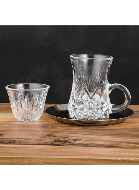 Luxury Turkish Tea and Coffee Set – 6 Crystal Tea Cups and 6 Coffee Cups with 6 Elegant Metal Saucers