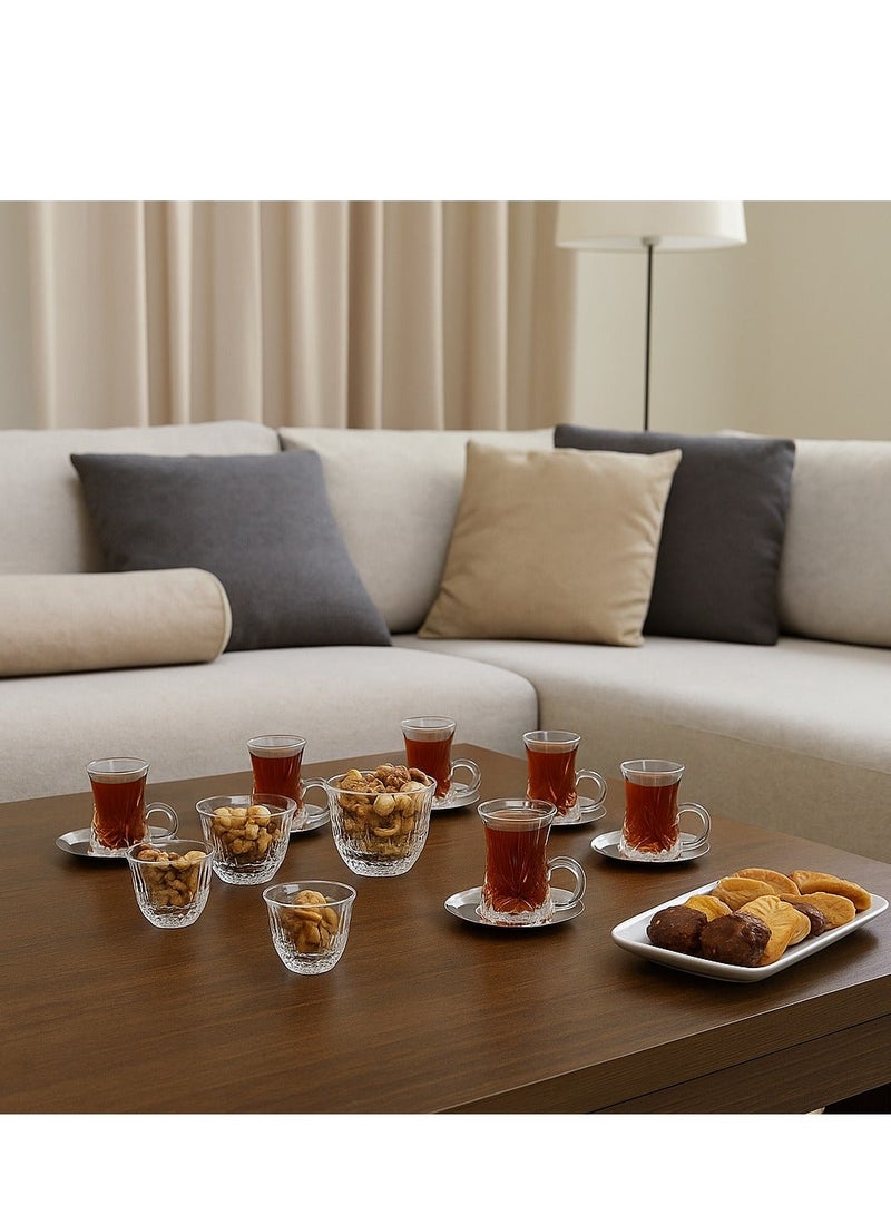 Dania Luxury Turkish Tea and Coffee Set – 6 Crystal Tea Cups and 6 Coffee Cups with 6 Elegant Metal Saucers - Image 2