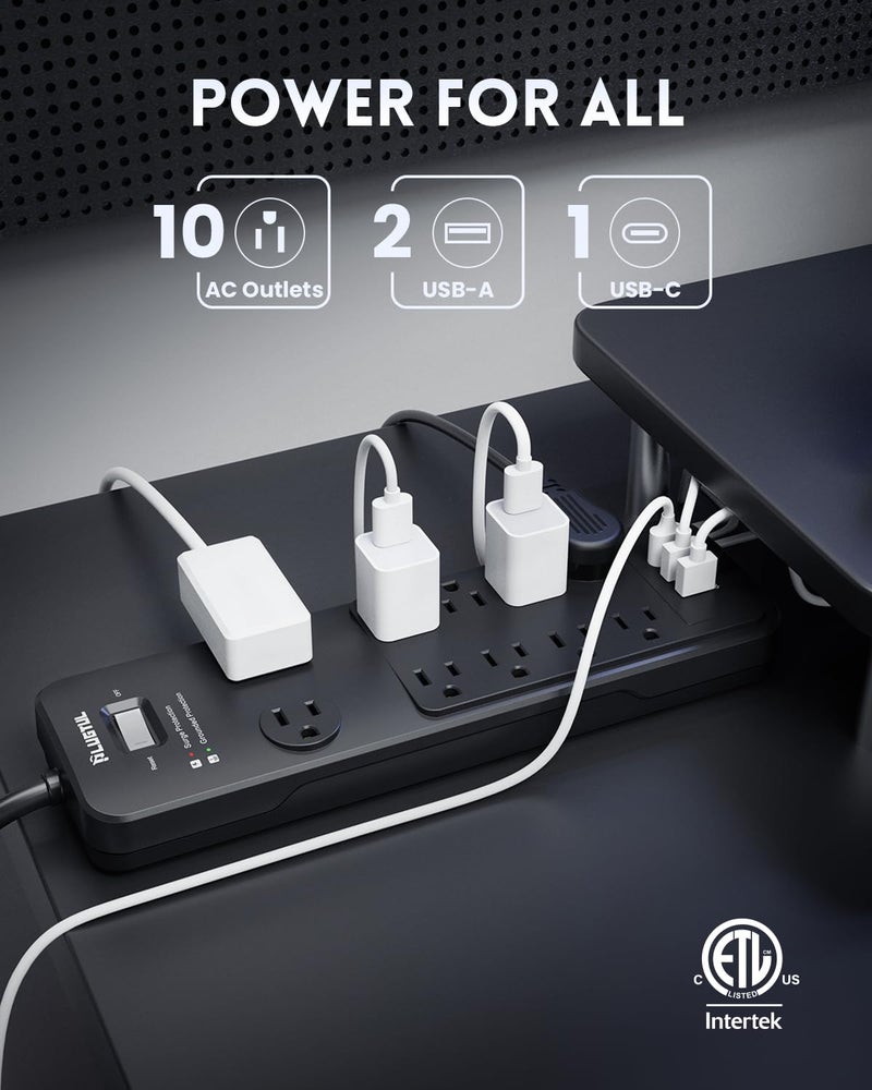 PLUGTUL Surge Protector Power Strip 10FT, PLUGTUL Surge Protector with 10 Outlets - Spacious Design for Large Plugs, Flat Plug, 20W USB C Charging for Home, Office, ETL Listedï¼Œ2040J - Image 2