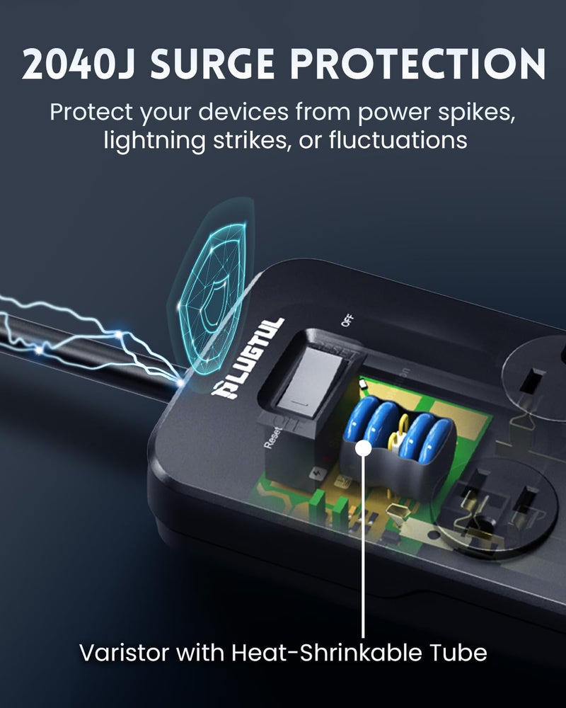 PLUGTUL Surge Protector Power Strip 10FT, PLUGTUL Surge Protector with 10 Outlets - Spacious Design for Large Plugs, Flat Plug, 20W USB C Charging for Home, Office, ETL Listedï¼Œ2040J - Image 3