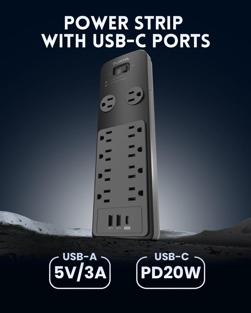 PLUGTUL Surge Protector Power Strip 10FT, PLUGTUL Surge Protector with 10 Outlets - Spacious Design for Large Plugs, Flat Plug, 20W USB C Charging for Home, Office, ETL Listedï¼Œ2040J - Image 4