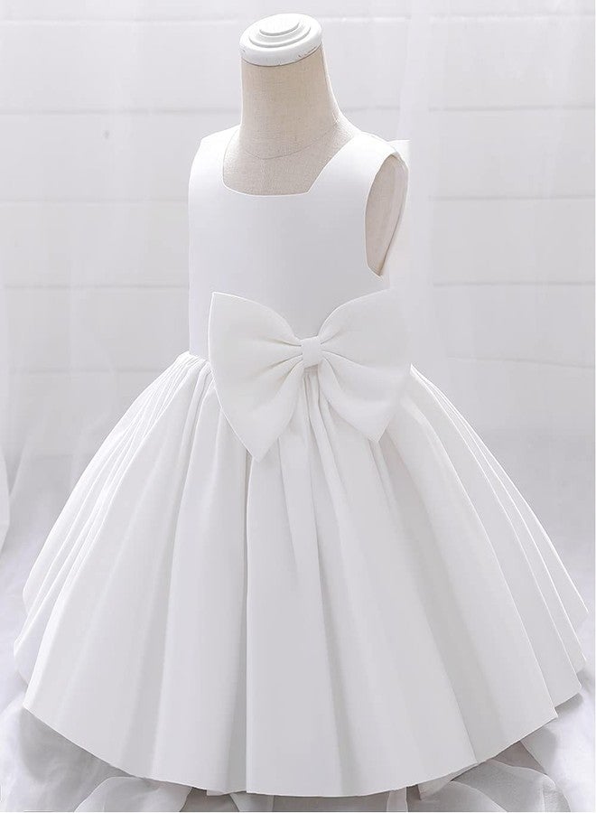 IBAKOM Flower Girl Dress for Wedding Kids Toddler Sleeveless Satin Bowknot Tulle Tutu Princess Dresses Bridesmaid Baptism Christening First Communion Pageant Birthday Party Prom Gown White 12-18 Months - Image 4