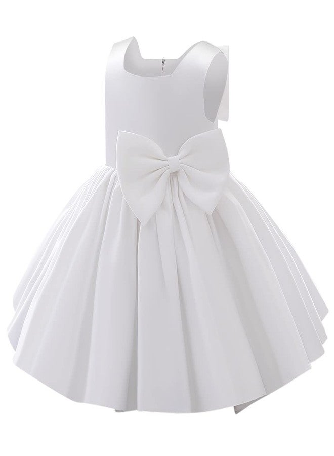 IBAKOM Flower Girl Dress for Wedding Kids Toddler Sleeveless Satin Bowknot Tulle Tutu Princess Dresses Bridesmaid Baptism Christening First Communion Pageant Birthday Party Prom Gown White 12-18 Months - Image 1