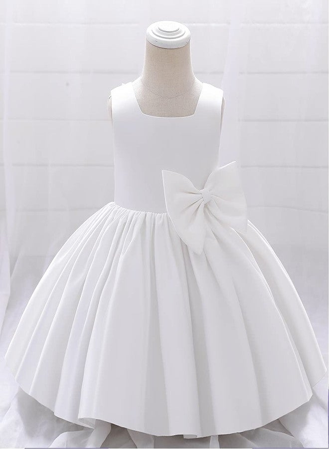 IBAKOM Flower Girl Dress for Wedding Kids Toddler Sleeveless Satin Bowknot Tulle Tutu Princess Dresses Bridesmaid Baptism Christening First Communion Pageant Birthday Party Prom Gown White 12-18 Months - Image 3