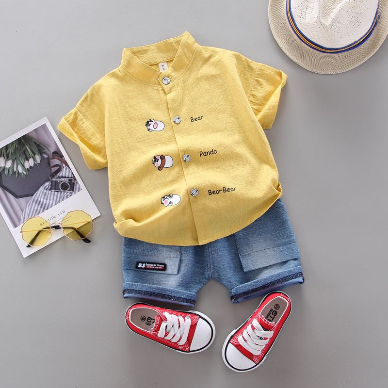 Foreign trade childrens clothing summer childrens cartoon letter shirt short sleeve shorts two boys suit manufacturers wholesale tide Yellow