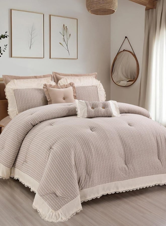 INREST Soft Blossom King Comforter Set 240 × 260 cm Luxury 8 Pieces 100% Microfiber Beige Floral Stripe Lace Bedding Set - Image 1