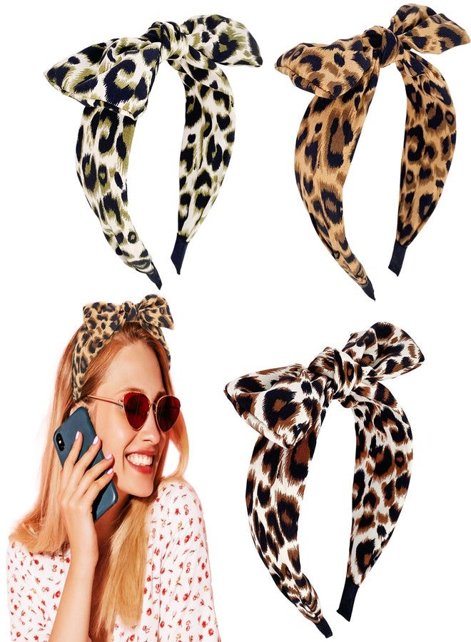 بي جود أطواق شعر بيجود للنساء، طوق رأس مزين بفيونكة، طوق رأس معقود، أطواق رأس عريضة بنقشة جلد النمر للنساء، عمامة شعر، إكسسوارات شعر للبنات، 3 قطع (أخضر، أصفر، أحمر) - Image 1