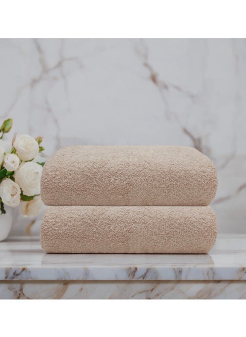 2-Pc Turkish Cotton Bath Towel Set 70x140cm 420 GSM Beige Quick Dry Lightweight & Ultra Soft Beige