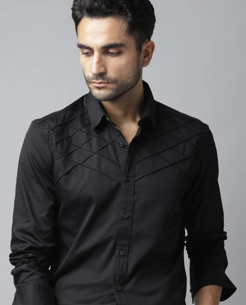Rare Rabbit Rare Rabbit Men's Hero Black Cotton Fabric Full Sleeves Regular Fit Pleated Textured Shirt