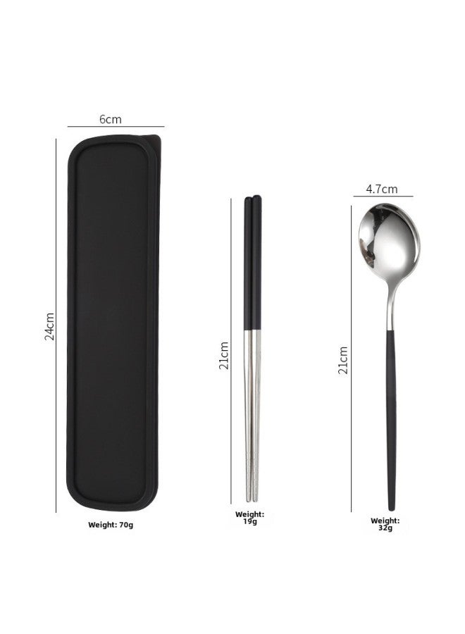 Portable Stainless Steel Titanium Coated Painted Outdoor Dining Set Mirror Polished Utensils Including Spoon Fork Chopsticks-Specifications:Black Silver 2-piece Set  - Image 1