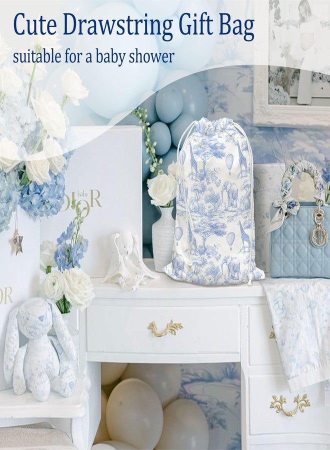 DSHFG Blue Chinoiserie Safari Toile Birthday Drawstring Gift Bags, Safari Toile Resuable Baby Shower Drawstring Gift Bags Canvas, Blue and White Small Happy Birthday Bag, 10x13 Inch - Image 3