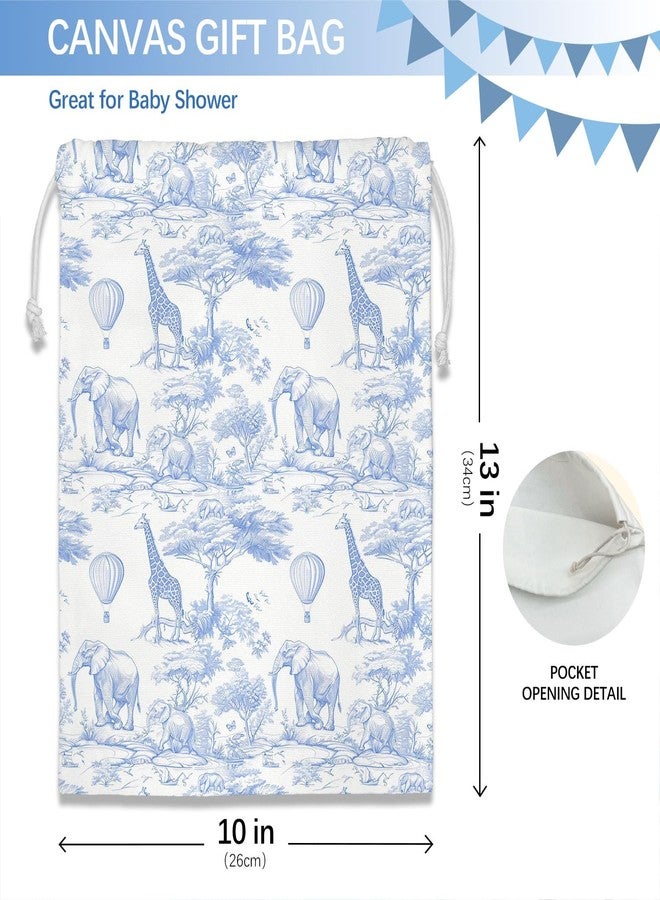 DSHFG Blue Chinoiserie Safari Toile Birthday Drawstring Gift Bags, Safari Toile Resuable Baby Shower Drawstring Gift Bags Canvas, Blue and White Small Happy Birthday Bag, 10x13 Inch - Image 2