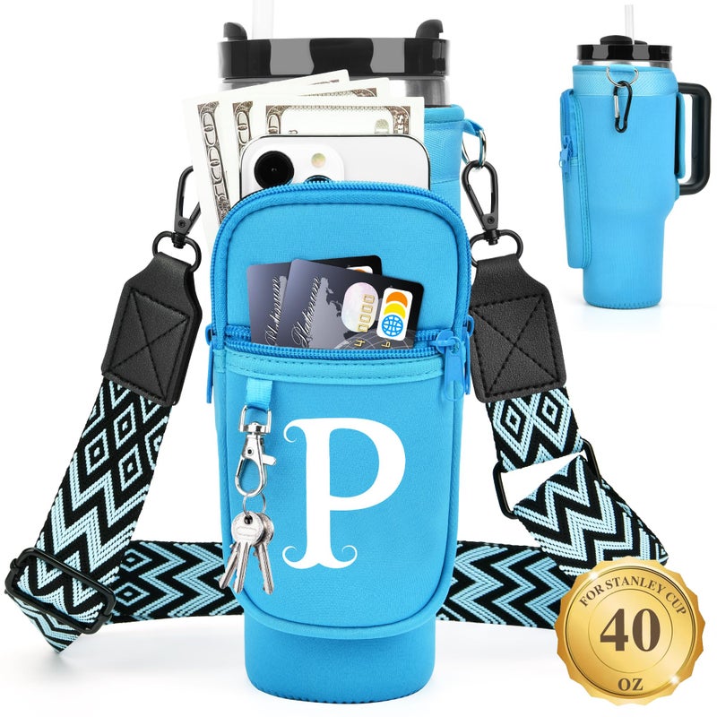 LOKASS Personalized Water Bottle Holder with Strap for Stanley Cup Accessories 40 oz Initial for Stanley Cup Holder Carrier Bag with Phone Pocket HandsFree Tumbler Carrier for Travel Gym Walkin - Image 2