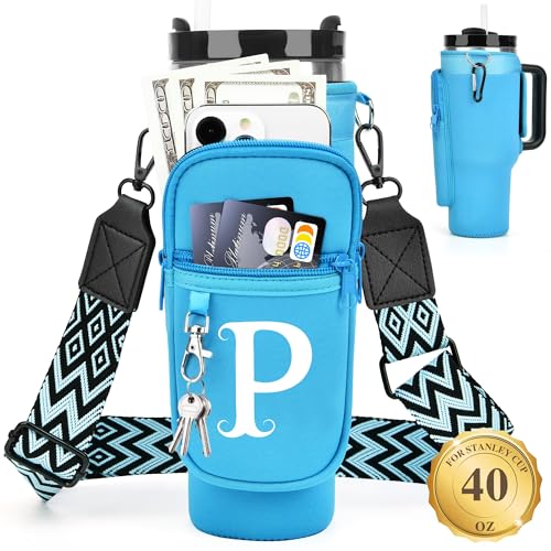 LOKASS Personalized Water Bottle Holder with Strap for Stanley Cup Accessories 40 oz Initial for Stanley Cup Holder Carrier Bag with Phone Pocket HandsFree Tumbler Carrier for Travel Gym Walkin - Image 1