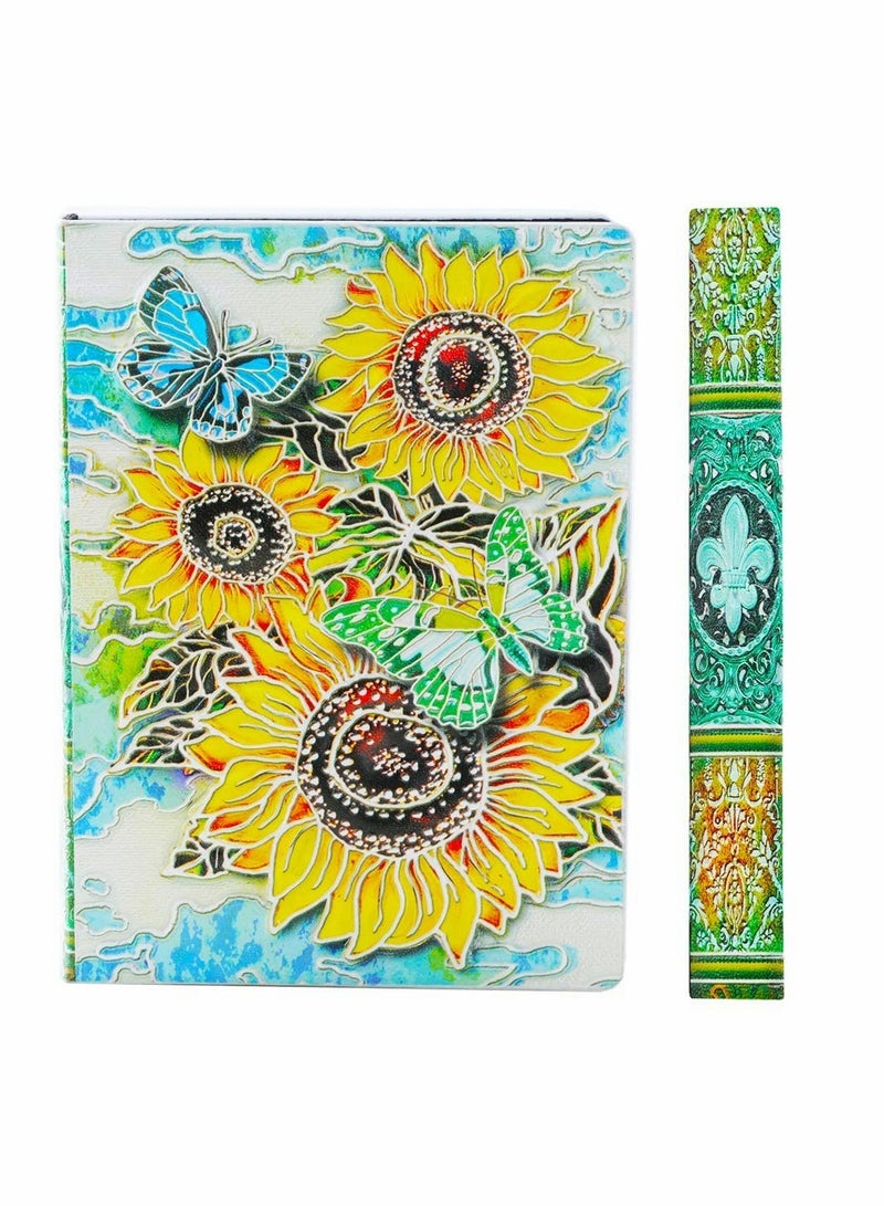 SYOSI Notebook A5 Lined Hardback, Handmade, Hardcover Travel Diary Embossed Leather Journal, 200 Ruled Pages Brown and Ivory, Gifts Ideas for Women Mum Wife Kids, 3D Sunflower Colorful - Image 1