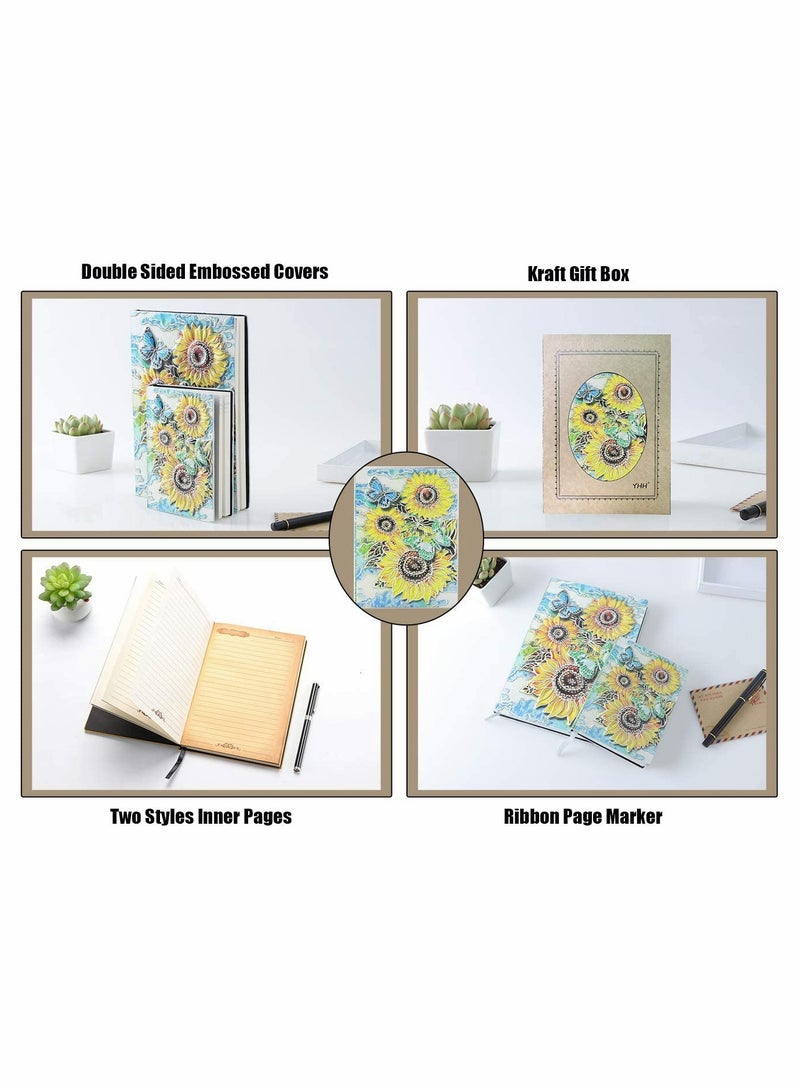 SYOSI Notebook A5 Lined Hardback, Handmade, Hardcover Travel Diary Embossed Leather Journal, 200 Ruled Pages Brown and Ivory, Gifts Ideas for Women Mum Wife Kids, 3D Sunflower Colorful - Image 2
