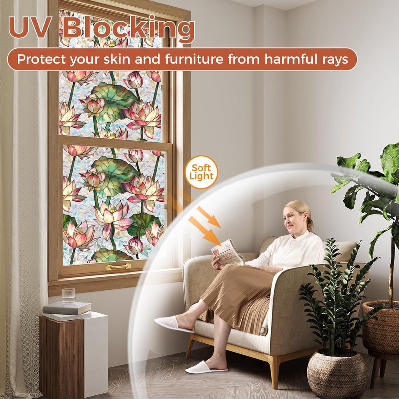 Aomkmi Stained Glass Window Film, UV Resistant Static Cling Privacy Decal, 2PCS Lotus Floral Sun Blocking Removable Film for Bathroom Bedroom, 17 x 39.37 Inch - Image 3