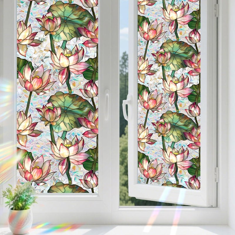 Aomkmi Stained Glass Window Film, UV Resistant Static Cling Privacy Decal, 2PCS Lotus Floral Sun Blocking Removable Film for Bathroom Bedroom, 17 x 39.37 Inch - Image 1