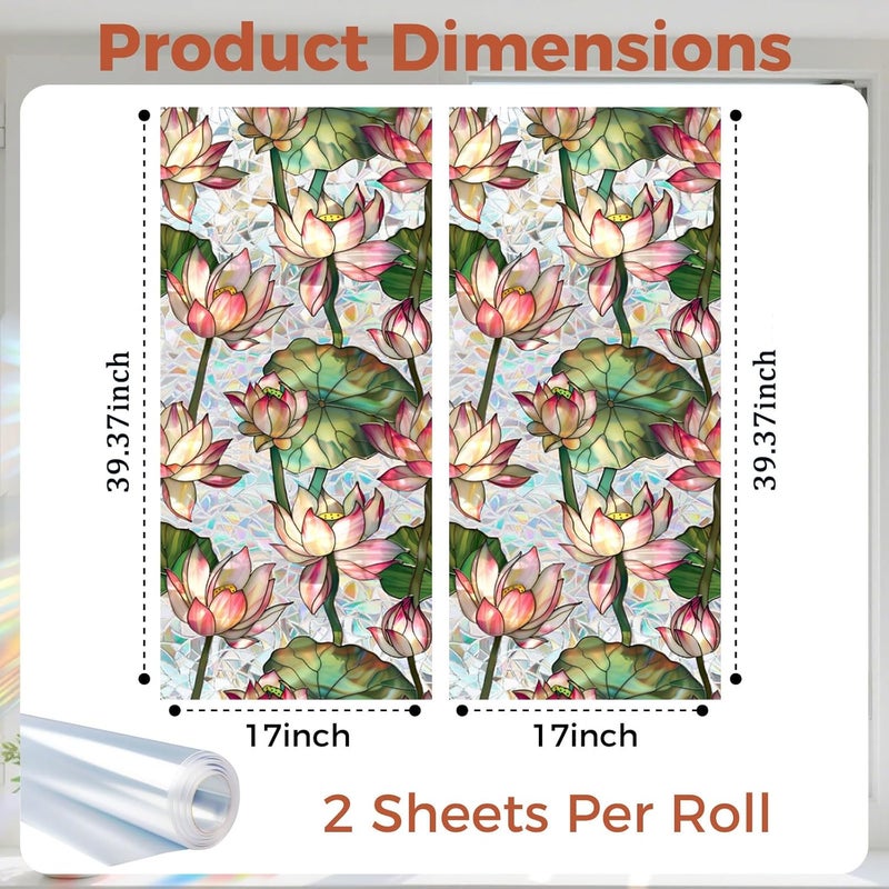 Aomkmi Stained Glass Window Film, UV Resistant Static Cling Privacy Decal, 2PCS Lotus Floral Sun Blocking Removable Film for Bathroom Bedroom, 17 x 39.37 Inch - Image 2
