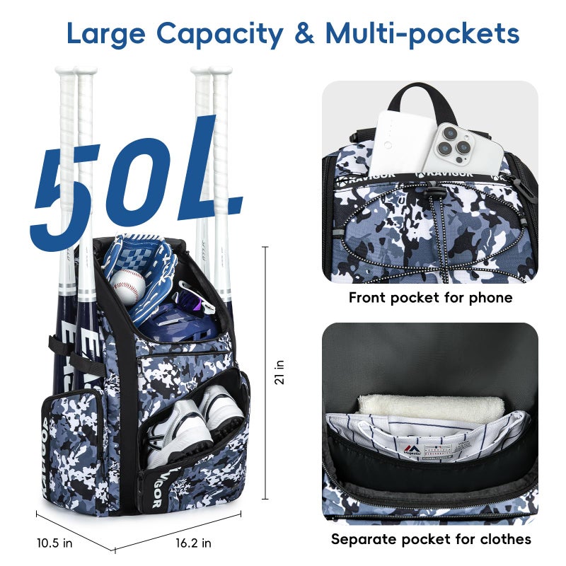 KAVIGOR Baseball Bag for Youth and Adult, Softball Bag 50L Large Capacity Holds 4 Bats, Equipment Backpack with Shoes Compartment - Image 3