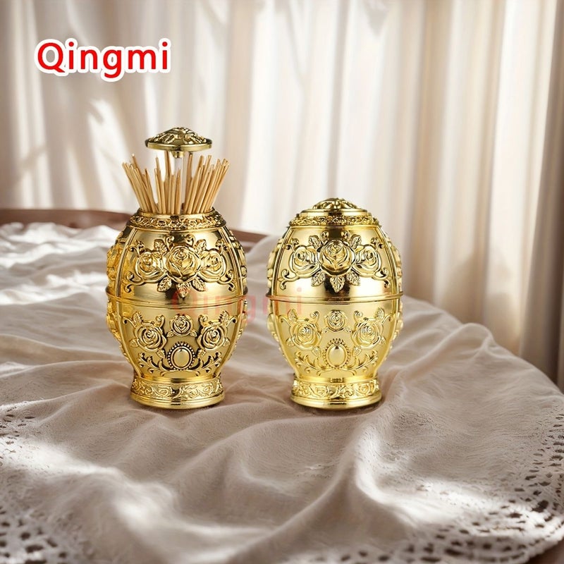 1pc European Style Silvery Automatic Pressing Toothpick Bucket Floral Relief Design Plastic Toothpick Holder Home Living Room Dining Room Decoration - Image 1