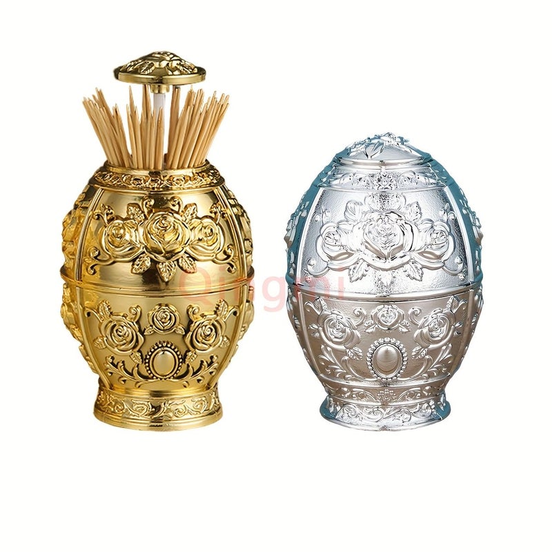 1pc European Style Silvery Automatic Pressing Toothpick Bucket Floral Relief Design Plastic Toothpick Holder Home Living Room Dining Room Decoration - Image 2