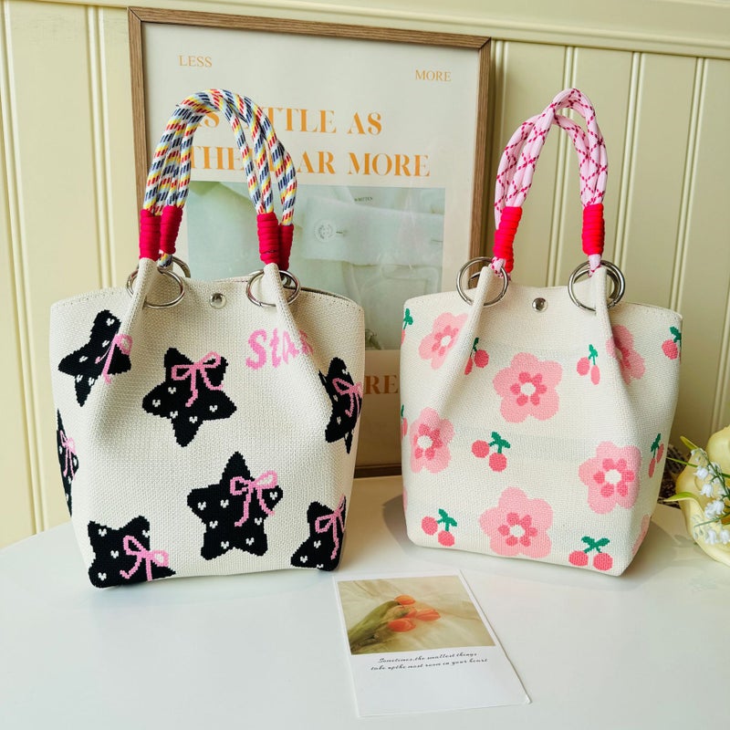 New Korean Style Flower Knitted Bucket Bag Travel Hand Bag All-Match Handbag Commuter Portable - Image 2