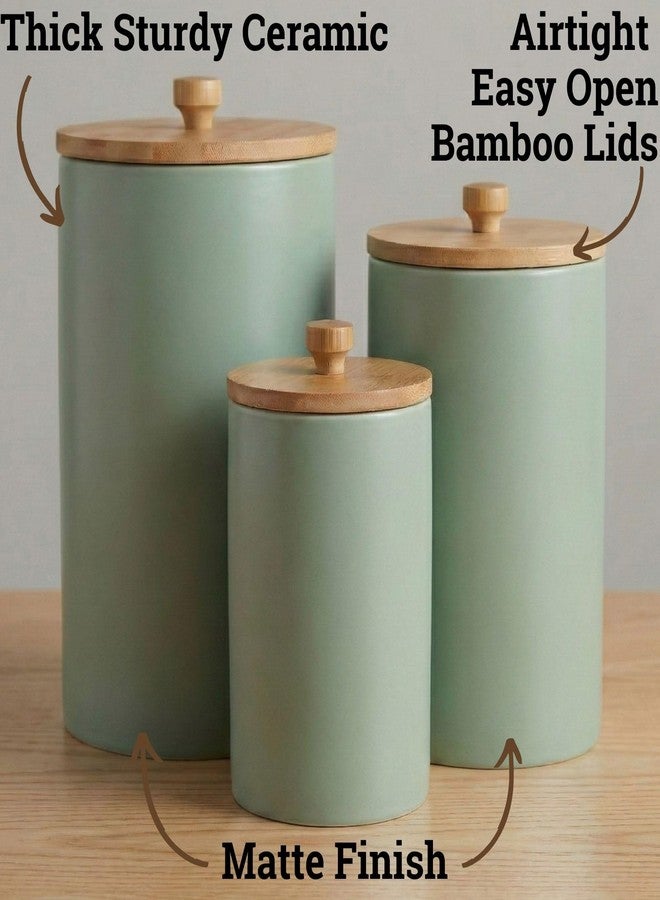 HB Design Co. Ceramic Kitchen Canisters for Countertop Set of 3 with Airtight Bamboo Lids - Sage Kitchen Canisters with Airtight Lids - Flour Sugar Canister Set - Flour and Sugar Containers Farmhouse - Coffee Jar - Image 2