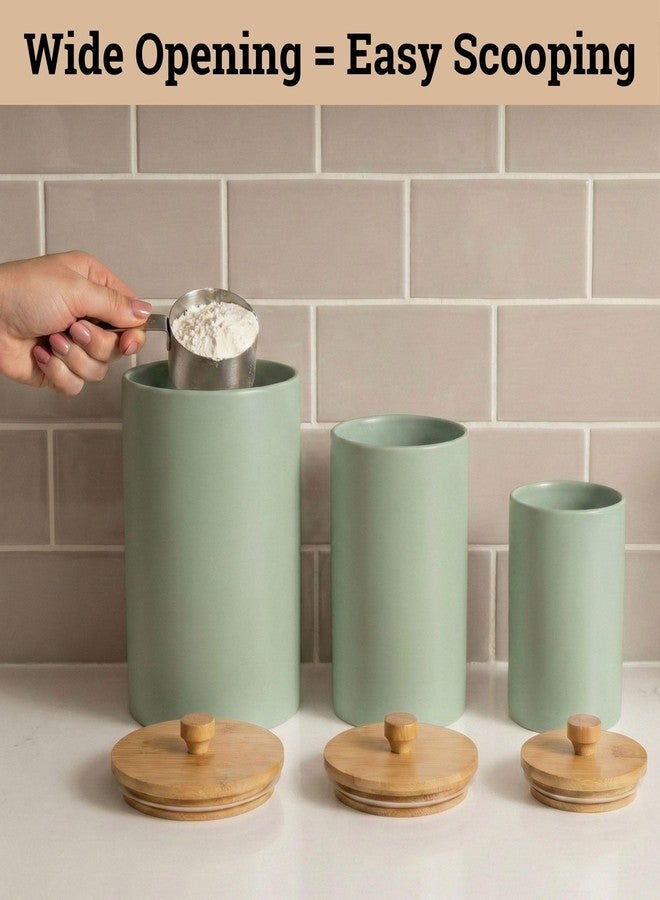 HB Design Co. Ceramic Kitchen Canisters for Countertop Set of 3 with Airtight Bamboo Lids - Sage Kitchen Canisters with Airtight Lids - Flour Sugar Canister Set - Flour and Sugar Containers Farmhouse - Coffee Jar - Image 5