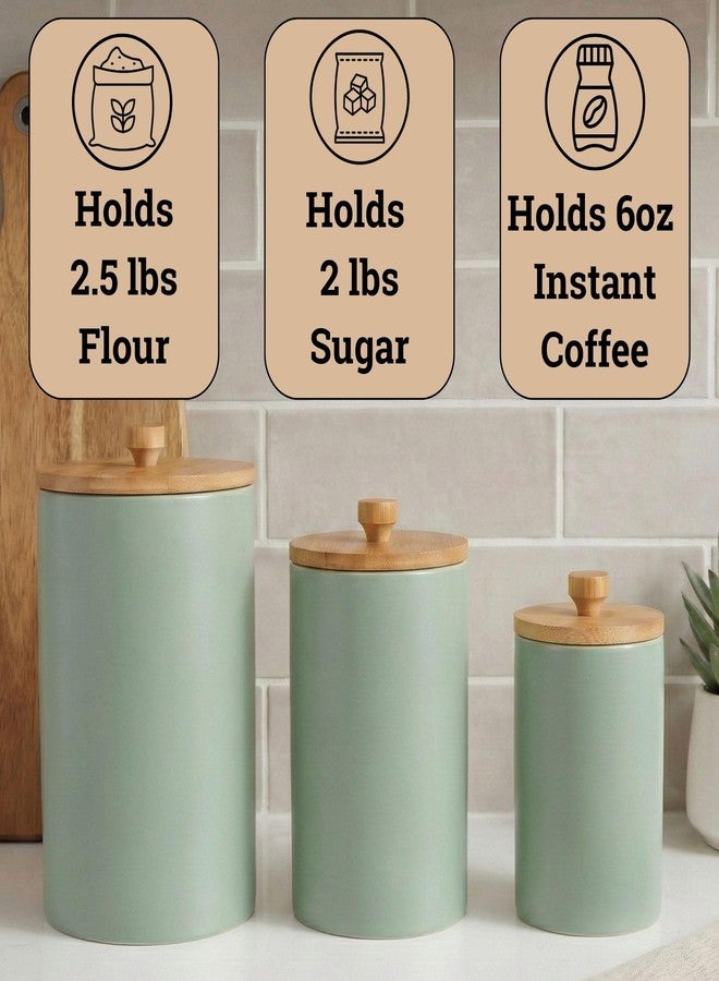 HB Design Co. Ceramic Kitchen Canisters for Countertop Set of 3 with Airtight Bamboo Lids - Sage Kitchen Canisters with Airtight Lids - Flour Sugar Canister Set - Flour and Sugar Containers Farmhouse - Coffee Jar - Image 3