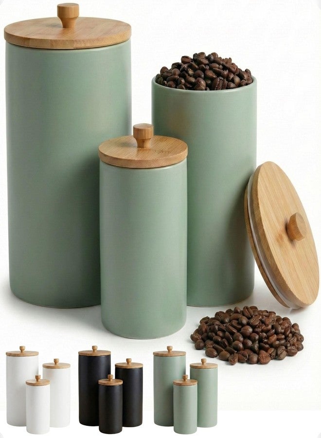 HB Design Co. Ceramic Kitchen Canisters for Countertop Set of 3 with Airtight Bamboo Lids - Sage Kitchen Canisters with Airtight Lids - Flour Sugar Canister Set - Flour and Sugar Containers Farmhouse - Coffee Jar - Image 1